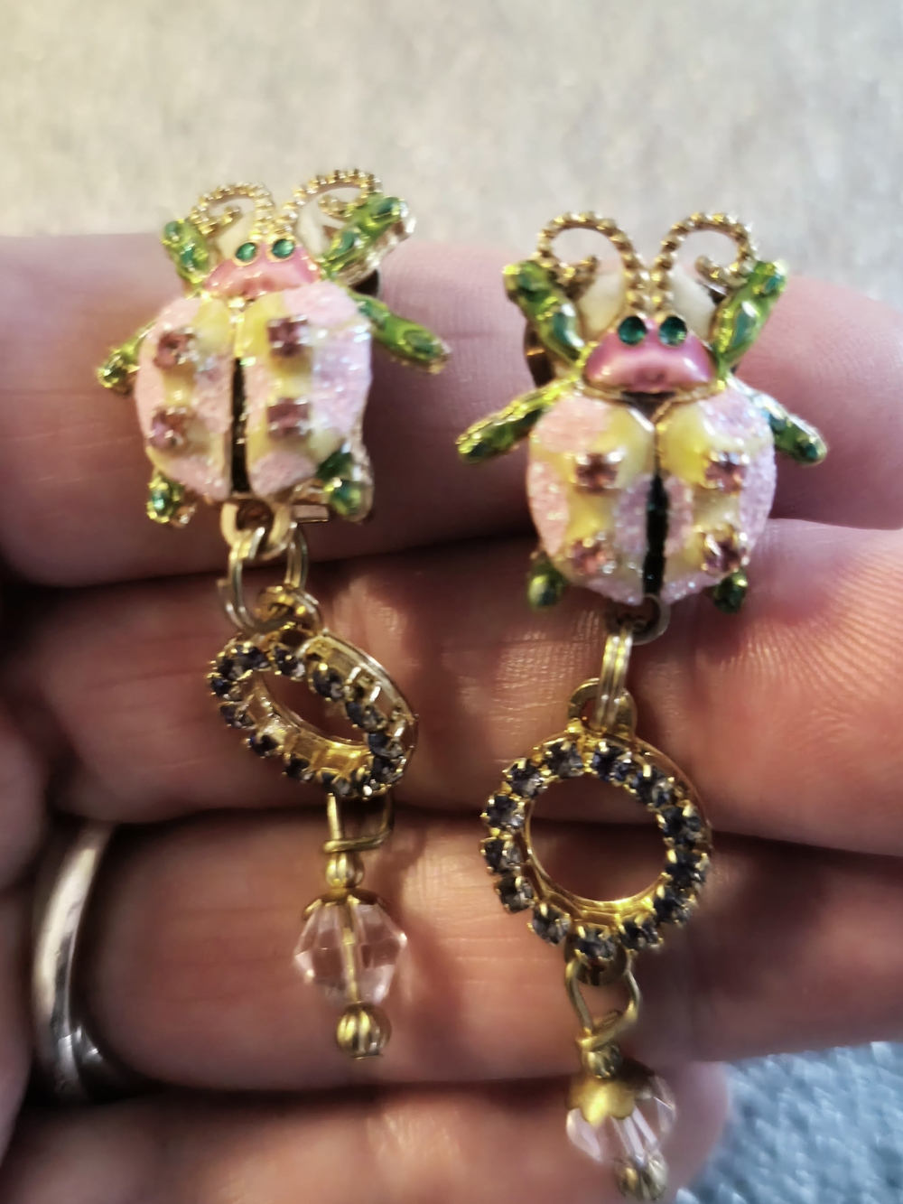 VTG Stamped Gold-Muliti Colors & Green Enamel Earrings W/ Rhine Stones